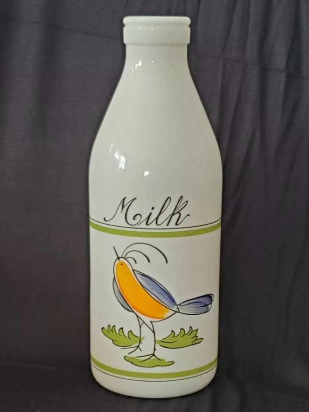 Egizia Opaque White Hand Painted Bird Glass Milk Bottle